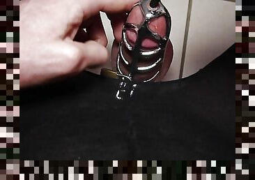 POV sounding while wearing chastity cage cumshot