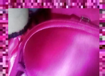 Leatransteen cum on shiny purple satin bra