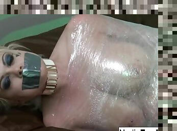 Busty Blonde Nadia White is wrapped in plastic - fetish bdsm solo