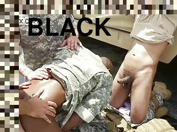 Military commander watches a threesome of black bottoms fucked outdoors