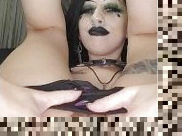 Petite goth teases and finger fucks tight asshole