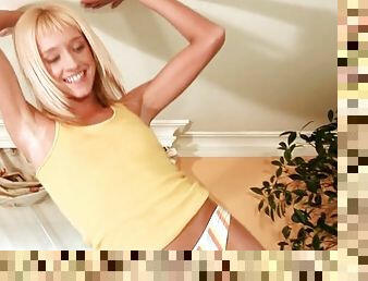 Adorable blonde teen Hanna strips to panties