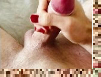 Young man with red fingernails wakes up with hard dick and strokes it until he cums