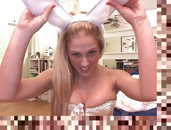 Camgirl models corset and bunny ears