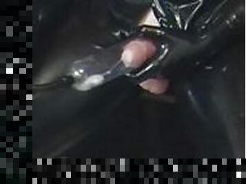 HUGE CUMSHOT IN PUMP Latex slave pup enjoys breath control dick pump rubber boy FULL encasment