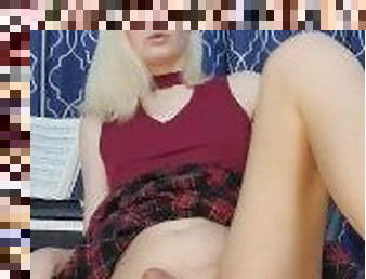 gorgeous tgirl jacks off in schoolgirl skirt