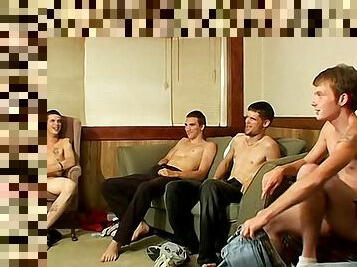 Sexy boys are sitting and wanking their dicks together