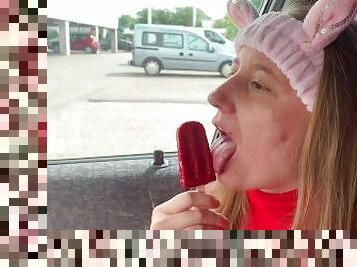 Ice cream time in the car ( Mukbang , Clothes on, licking ice cream )