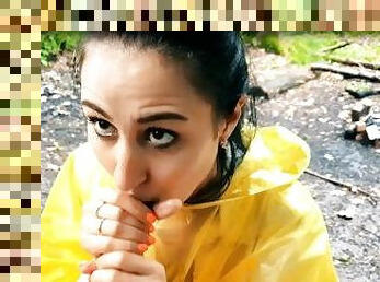 Brunette Girl in Yellow Raincoat Sucks Cock Outdoors