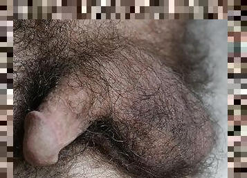 Very hairy small dick very close, with cumshot