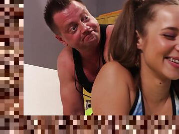Cute teen Liza Rowe Works Her Stepfather At The Gym