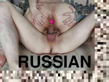 BBW Russian MILF sucks dick with a toy in her ass and fucks loudly ending up