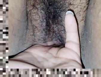 Fingering Her Hairy Pussy Before Bed