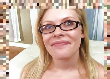 Attractive teen with glasses sucks a big fat cock