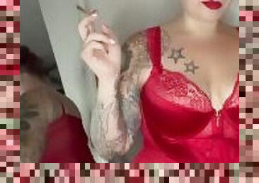 BBW stepmom MILF 420 joint smoking fetish red lingerie and thigh high stockings your POV