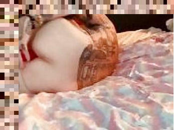 skinny fully tattooed bottom pleasuring self with pink dildo ends with nice cumm on dildo