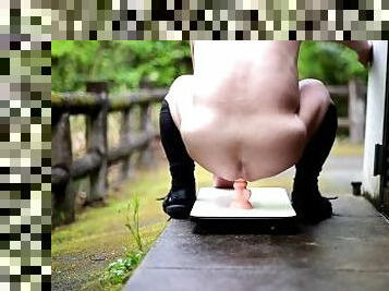 Outdoor masturbation with a dildo.