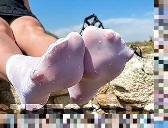Mistress Foot Tease In Cute Sheer White Nylon Socks Outdoor