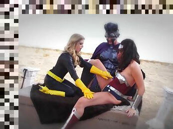 Steamy females go intimate with the same dick in super hero role play