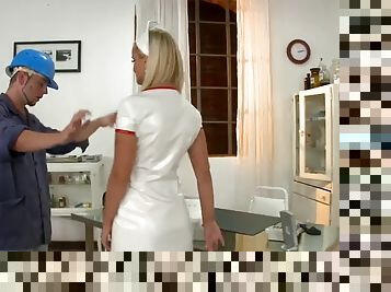 Stunning blonde nurse helps a patient with a kiss