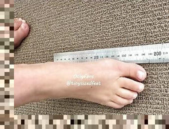 TinySizedFeet Measuring against ruler and common home items, US Size 4, UK Size 1.5, EU 34 tiny feet