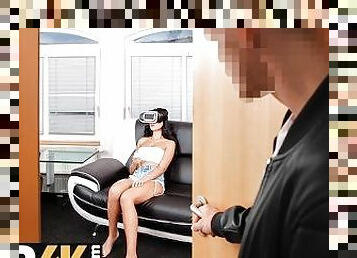 DEBT4k. Borrower finds debtor testing VR headset and drags gal into sex