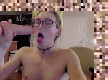Good Sissy Streamer can barely get HUGE silicone cock in her mouth
