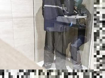 Rainwear pissing and doggy in the shower
