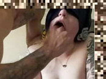 Throat destroyed, nipples twisted, face slapping for my whore sub, with cum shot on tits