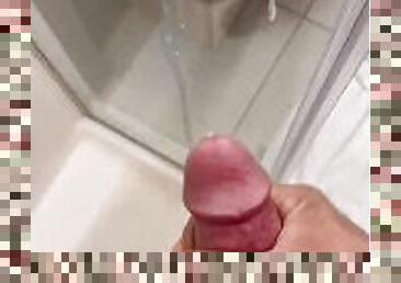 Daddy blasts huge cock Cumshot on expensive hotel shower glass