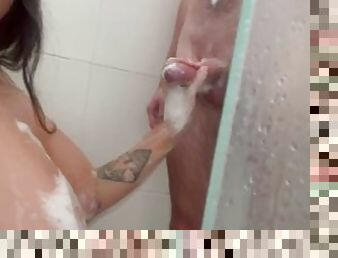 Very foamy and horny, my friend likes me to masturbate him in the shower