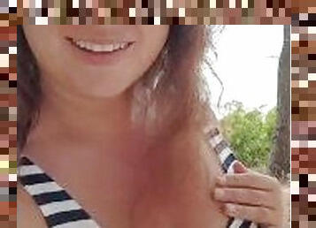 Busty Cutie ExpressiaGirl Masturbates, Fingers Hard herself and Chats with Friends in a Public Park