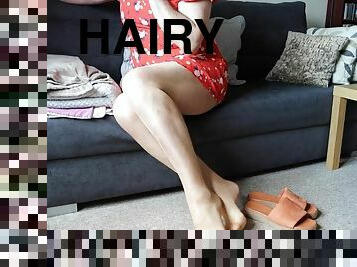 Sexy crossdresser Suzanne shows off her hairy legs and feet in pantyhose