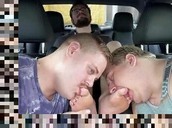 Car ride turns into a foot licking and worshipping threesome